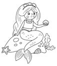 Fairy tale black and white vector mermaid sitting on a rock and holding pearl. Fantasy line girl in crown. Fairytale sea princess Royalty Free Stock Photo