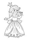 Fairy tale black and white vector princess smelling flower. Fantasy line girl in crown. Medieval fairytale maid coloring page. Royalty Free Stock Photo