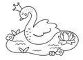 Fairy tale black and white vector swan princess. Fantasy line bird in crown in pond with water lily. Fairytale animal character. Royalty Free Stock Photo