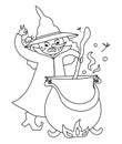 Fairy tale black and white vector witch with cauldron preparing potion. Fantasy line sorceress in tall hat. Fairytale or Halloween