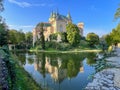 Fairy-tale Bojnice Castle in Slovakia owned by family of Palfi. Lake reflection.