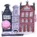 Fairy tale cartoon amsterdam european city old embankment streets children hand drawing illustration pink purple shades of color Royalty Free Stock Photo