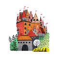 Fairy tale cartoon flat landscape with castle. fantasy palace with towers, fantasy fairy house. Royalty Free Stock Photo