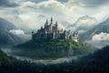 Fairy-tale castle on a background of mountains. Fantasy landscape, Magic castle in foggy morning. Fairytale landscape with castle Royalty Free Stock Photo