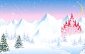 Fairy tale castle on a background of a winter forest and snowy mountains Royalty Free Stock Photo