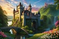 Fairy Tale Castle Bathed in the Golden Glow of Sunset: High Turrets Piercing the Sky, Nestled Atop a Hill Royalty Free Stock Photo