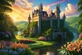 Fairy Tale Castle Bathed in the Golden Glow of Sunset: High Turrets Piercing the Sky, Nestled Atop a Hill