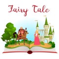 Fairy tale castle book. Open book with fantasy kingdom tower, prince on horse and princess near palace. Cartoon vector