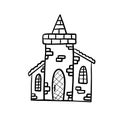 Fairy tale castle in doodle style. Hand drawn linear tower ink illustration. Vector graphics on a white background.