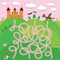 Fairy-tale castle, dragon, bats, forest labyrinth game for Preschool Children. Vector