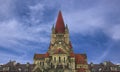 Fairy tale castle fantasy architecture symmetry building exterior facade shape with red towers on blue sky background wallpaper