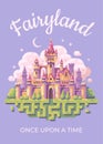 Fairy tale castle flat illustration poster. Fairyland kid book cover Royalty Free Stock Photo