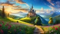 a fairy tale castle on a hill with a river Royalty Free Stock Photo