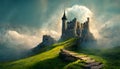 a fairy tale castle on a hill with a river Royalty Free Stock Photo