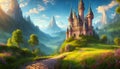 a fairy tale castle on a hill with a river Royalty Free Stock Photo