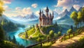 a fairy tale castle on a hill with a river Royalty Free Stock Photo
