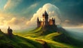 a fairy tale castle on a hill with a river Royalty Free Stock Photo