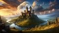 a fairy tale castle on a hill with a river Royalty Free Stock Photo