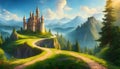 a fairy tale castle on a hill with a river Royalty Free Stock Photo