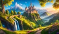 a fairy tale castle on a hill with a river Royalty Free Stock Photo