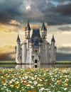 Fairy tale castle on a lake in a sea of flowers Royalty Free Stock Photo