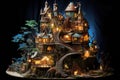 Fairy tale castle made of wood on a black background. 3d rendering, fairytale castle where the fairies and goblins live together