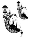 fairy tale castle and moon crescent decorated with rose flowers and lamp black and white vector silhouette