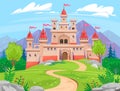 Fairy tale castle with a mountain view background. Fantasy landscape illustration Royalty Free Stock Photo
