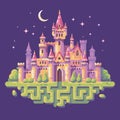 Fairy tale castle night scene flat illustration. Fantasy landscape