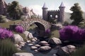 fairy-tale castle with a pond, a bridge and dense vegetation of lavender bushes, stone path, mountains and waterfall in the