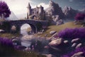 fairy-tale castle with a pond, a bridge and dense vegetation of lavender bushes, stone path, mountains and waterfall in the Royalty Free Stock Photo