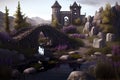 fairy-tale castle with a pond, a bridge and dense vegetation of lavender bushes, stone path, mountains and waterfall in the Royalty Free Stock Photo