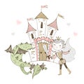 A fairy-tale castle with a Prince and a dragon. Vector Royalty Free Stock Photo
