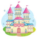 Fairy-tale castle for Princess, magic kingdom. Beautiful landscape with vintage castle, meadow. Isolated background. Toy for girls Royalty Free Stock Photo