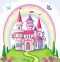 Fairy-tale castle for Princess, magic kingdom. Vintage Palace and beautiful flower meadow with rainbow. Wonderland. Vector.