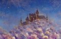 Fairy tale castle in purple fluffy clouds acrylic painting