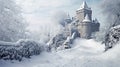 A fairy tale castle surrounded by snow and trees