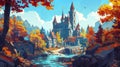 A fairy tale castle with turrets surrounded by water, a rocky road leading to a fantasy fortress gate are depicted in an Royalty Free Stock Photo