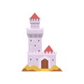 Fairy-tale castle on white. Stone fort with tower, wooden gate and red cone roof. Medieval building. Flat Royalty Free Stock Photo