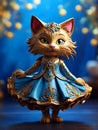 Fairy tale cat in a beautiful embroidered dress on a blue background.