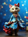 Fairy tale cat in a beautiful embroidered dress on a blue background.