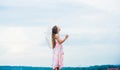 Fairy tale character. Happy childhood. I believe i can fly. Touch sky. Feeling light. Girl with light umbrella. Fly drop Royalty Free Stock Photo