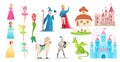 Fairy tale character set, cartoon princess, prince knight with sword, king in crown, medieval castle