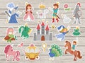 Fairy tale character stickers collection. Big vector sticker pack with fantasy princess, prince, witch, knight, unicorn, dragon. Royalty Free Stock Photo