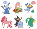 Fairy tale characters collection. Vector set of fantasy witch, unicorn, dragon, fairy, magician, mermaid, frog prince. Medieval Royalty Free Stock Photo