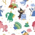 Fairy tale characters collection. Vector set of fantasy witch, unicorn, dragon, fairy, magician, mermaid, frog prince. Medieval Royalty Free Stock Photo