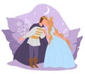 Prince and princess kissing at night, fairy tale Royalty Free Stock Photo