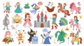 Fairy tale characters and objects collection. Big vector set of fantasy princess, king, queen, witch, knight, unicorn, dragon. Royalty Free Stock Photo