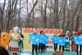 Fairy-tale characters: a samovar, cups and a teapot are dancing on the Shrovetide Day in Kanash, Chuvashia, Russia