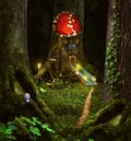 Fairy-tale children`s collage with a wonderful forest house